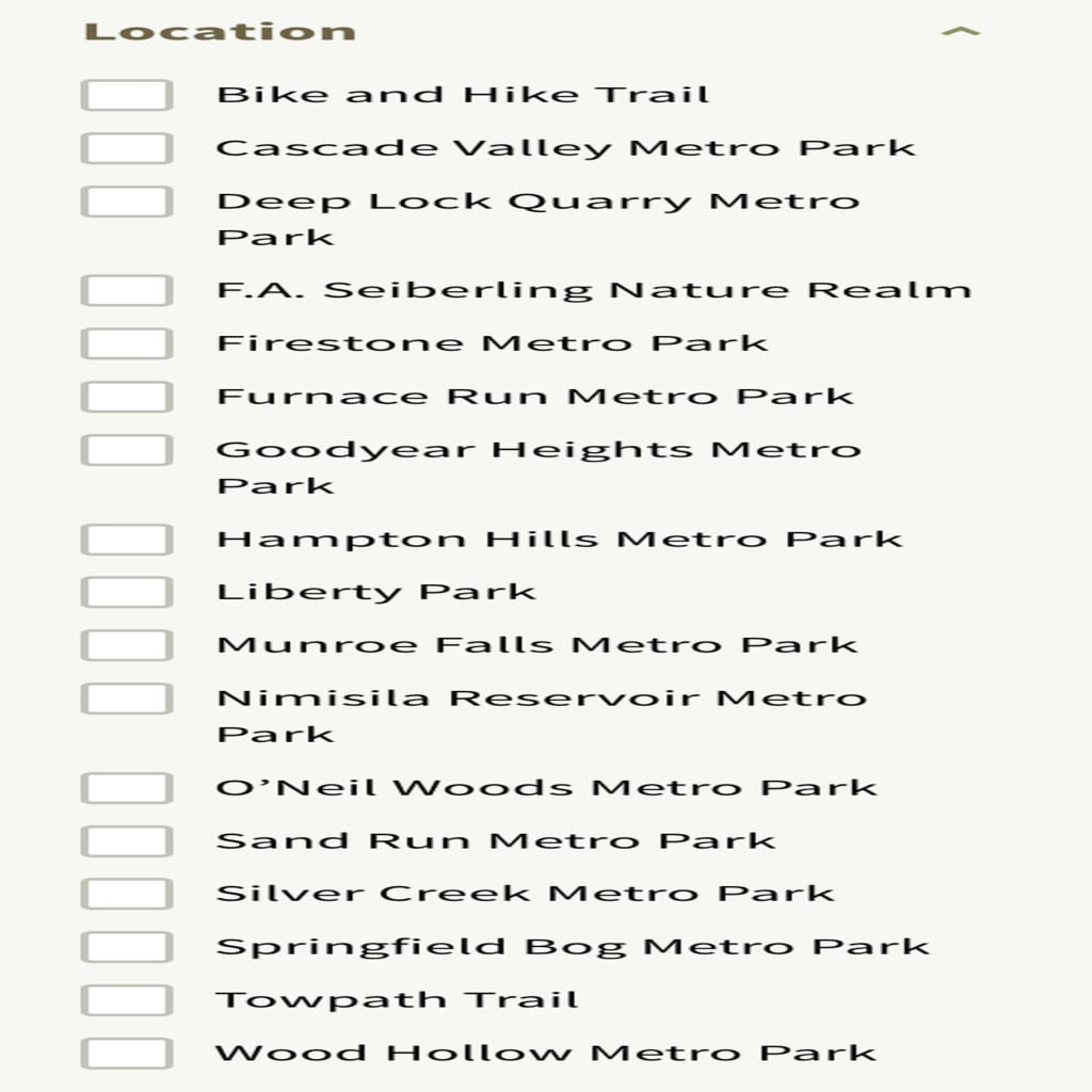 Filter Bar on the Summit Metro Parks event calendar page, specifically listing off all of the location options for events.